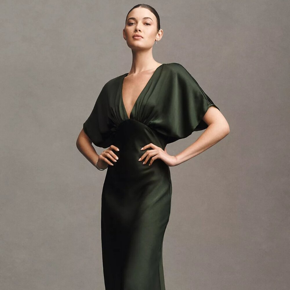 BHLDN Amelia Deep-V Flutter-Sleeve Satin A-Line Gown Forest Green